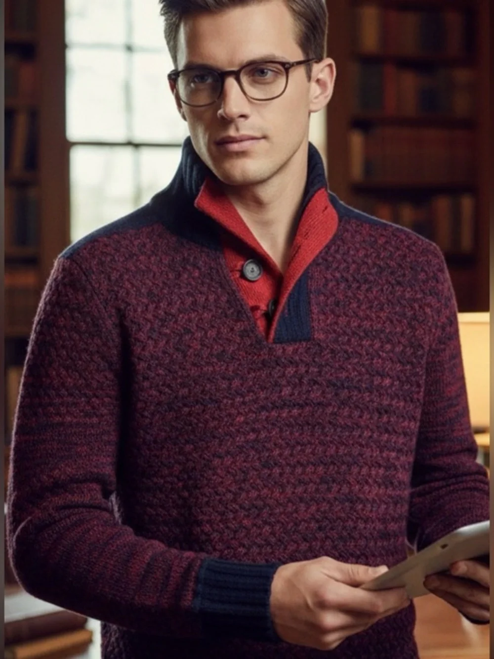 Men's Red, Navy Blue Sweater, Buttons,  Collar High quality Beautiful knit Small